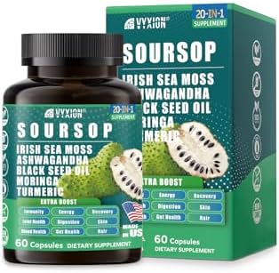 Soursop Graviola Supplement with Sea Moss Moringa Turmeric Black Seed Oil Oregano Ashwagandha 20inOne Herbal extracts for Overall HealthEnhancing Vegan NonGMO 60 Capsules