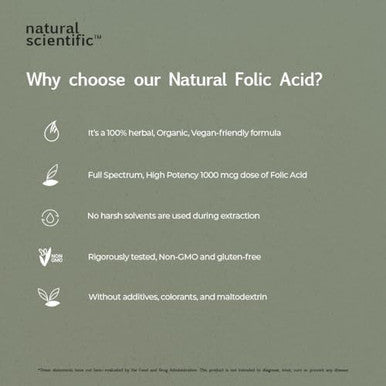 Organic Folic Acid Supplement 1000 Mcg - Vitamin B9 (Folate) From Organic Lemon Peel - 60-Day Supply - Plant-Based, Gluten-Free, Vegan, Non-Gmo - 60 Capsules - Premium Dietary Supplement