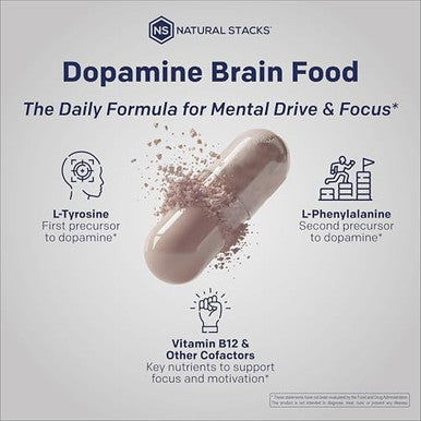 Dopamine Brain Food L-Tyrosine Focus And Mental Drive Support 60 Count | With B vitamins for natural neurotransmitter production. Supports motivation mental energy and productive work sessions.