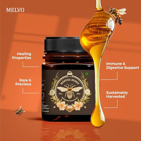 MELVO Manuka Honey MGO 100+ Manuka Honey (250g/8.8oz), Superfood, Authentic Raw Honey from New Zealand