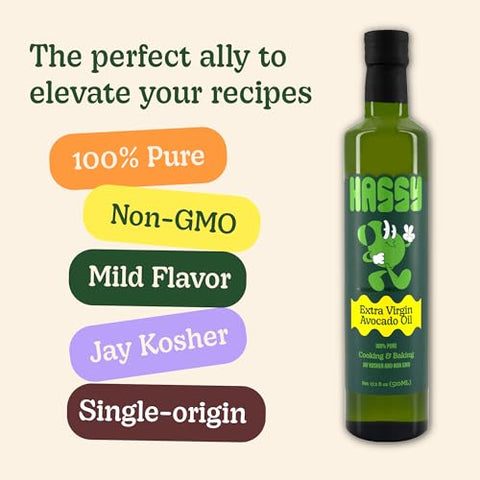 HASSY Extra Virgin Avocado Oil Premium Flavor for Dressings, Drizzling & Finishing - Non-GMO, 17.2 fl oz, 510 ML - Created by Avocado Farmers in Mexico - 100% Pure Cooking Oil