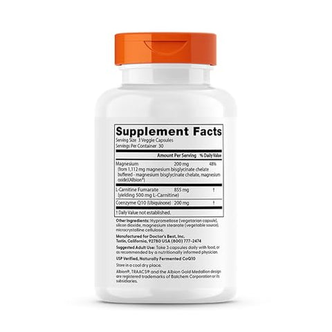 Doctor'S Best Coq10 L-Carnitine Magnesium Supplement - Energy & Exercise Support For Men & Women Naturally Fermented Coenzyme Q10 Gluten Free Soy Free Vegan Formula 90 Veg Caps