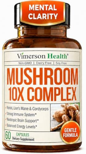 Mushroom 10x Complex with Lions Mane Extract Turkey Tail Cordyceps Reishi Shiitake Chaga & Maitake for Cognitive Support Vegan Mushroom Supplement Blend for Natural Energy & Focus 60 Capsules