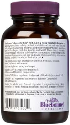 Bluebonnet Nutrition Beautiful Ally Hair Skin & Nails Hydrolyzed Collagen From Grass Fed Cows Collagen Peptides Type 1 & 3 Non Gmo Gluten Soy Milk Kosher 60 Vegetable Capsules