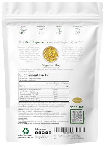 Micro Ingredients Vegan Omega 3 Algae Oil 240 Veggie Softgels Fish Oil Alternative Dha 500Mg & Dpa 100Mg Carrageenan Free Plant-Based Omega 3 With Flaxseed & Ala Lemon Flavored