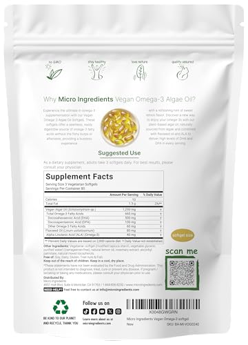 Micro Ingredients Vegan Omega 3 Algae Oil 240 Veggie Softgels Fish Oil Alternative Dha 500Mg & Dpa 100Mg Carrageenan Free Plant-Based Omega 3 With Flaxseed & Ala Lemon Flavored