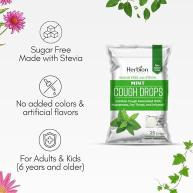 Herbion Naturals Cough Drops Sugar With Stevia Dietary Supplement Soothes Cough For Adults & Children Over 6 Years 25 Drops (125 Count (Pack Of 5) Mint)