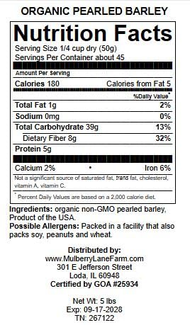Pearled Barley 5 Pounds Pearl, USDA Certified Organic, Non-GMO Bulk, Product of USA, Mulberry Lane Farms
