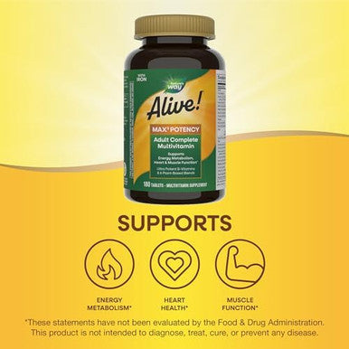 Nature'S Way Alive Max3 Potency Adult Complete Multivitamin, Ultra Potency B-Vitamins To Support Energy Metabolism, With Methylated B12 And Folate, 180 Tablets (Packaging May Vary)