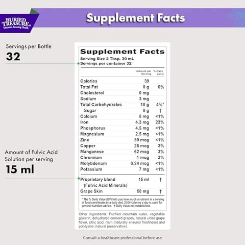 Buried Treasure Fulvic Minerals Grape Flavored " Colloidal Minerals From Humic Fulvic Acid Electrolytes From Trace Minerals For Recovery And Wellness Support. Add To Water " 32 Servings