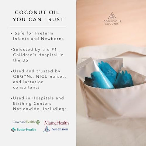 Organic Coconut Oil Packets, Coconut Oil for Lactation, Breastfeeding, Newborns - 10 Pack - Single-Use, Hospital-Trusted Alternative to Lanolin - Conscious Coconut