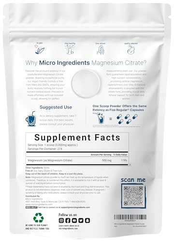Micro Ingredients Magnesium Citrate Powder 2Lbs Unflavored Magnesium Supplement Relaxation And Nutrient Utilization Easily Absorbed Formula Non-Gmo Vegan Gluten Free