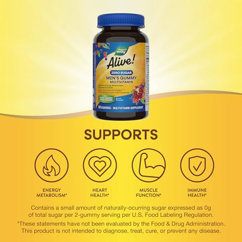 Nature'S Way Alive Zero Sugar Men'S Gummy Multivitamins Energy Metabolism Muscle Function B-Vitamins No Sugar Alcohols Plant-Based Sweeteners Peach Flavored 80 Gummies