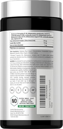 Horbaach Multivitamin for Men and Women Over 50 120 Caplets Daily Supplement for Adults with Coq10 Probiotics and Digestive Enzymes Vegan NonGMO Gluten Free Formula