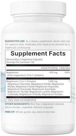 Micro Ingredients 12 Ina A' A 1 Magnesium Complex 1000 Mg 240 Capsules Magnesium Glycinate Citrate Taurate Malate and More High Absorption Formula For Men and Women Chelated and Purified