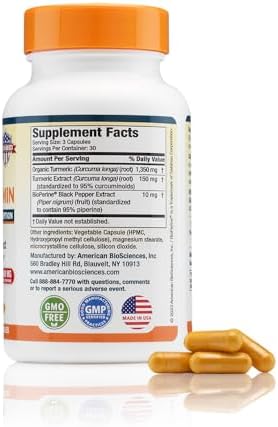 American Biosciences Pure Usa Grown Premium Turmeric Curcumin With Bioperine 1500Mg 95% Standardized Curcuminoids & Black Pepper Extract For Enhanced Absorption Natural Joint Support 90 Capsules