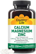 Country Life Calcium Magnesium Zinc With Vitamin D3 And L-Glutamic Acid, Dietary Supplement For Bone Support, Certified Gluten Free, 1000Mg/500Mg/50Mg, 250 Tablets