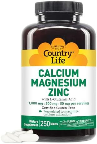 Country Life Calcium Magnesium Zinc With Vitamin D3 And L-Glutamic Acid, Dietary Supplement For Bone Support, Certified Gluten Free, 1000Mg/500Mg/50Mg, 250 Tablets