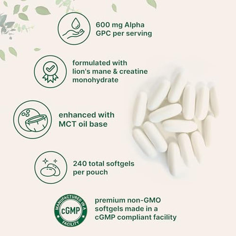Micro Ingredients Alpha Gpc 600Mg Per Serving With Mct Oil 240 Softgels Bioavailable Choline Supplement With Creatine Monohydrate & Lion S Mane Non Gmo Cgmp Manufactured