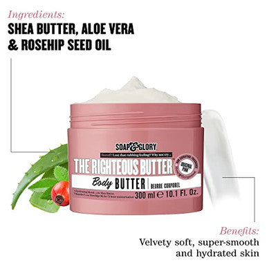 Soap & Glory The Righteous Moisturizing Body Butter - Hydrating Vegan Body Moisturizer For Dry Skin With Shea Butter Vitamin E & Rosehip Seed Oil - Rich Cream For Women & Men (300Ml)
