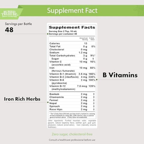 Buried Treasure Herbal Iron 48 Servings Liquid Iron And Herbal Supplement Vitamin C & B Complex Vitamins Ironrich Greens Vegan Iron For Men And Women