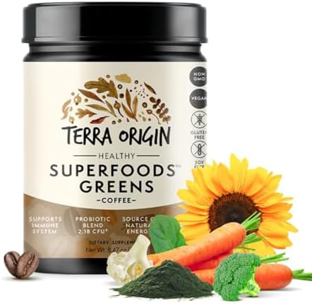 Terra Origin Superfoods Greens Blend Organic Vegetable Supplement With Tumeric Milk Thistle Green Tea Chlorella Nongmo Gluten Vegan Coffee 30 Servings