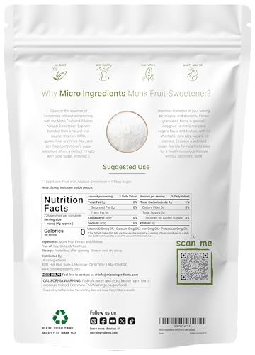 Monk Fruit Sweetener with Allulose, 2 lbs | No Erythritol | No Aftertaste, 1:1 White Sugar Substitute, Keto & Vegan Friendly, Zero Calorie | Great for Drinks, Coffee, Tea, Cookies | Non-GMO