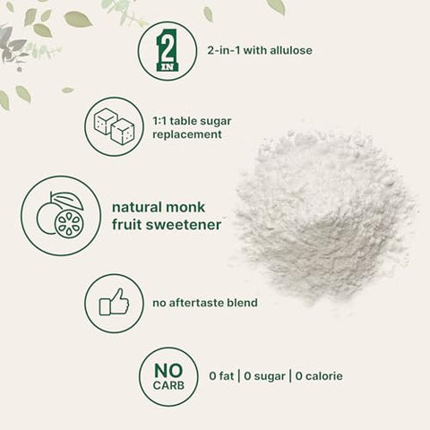 Monk Fruit Sweetener with Allulose, 2 lbs | No Erythritol | No Aftertaste, 1:1 White Sugar Substitute, Keto & Vegan Friendly, Zero Calorie | Great for Drinks, Coffee, Tea, Cookies | Non-GMO