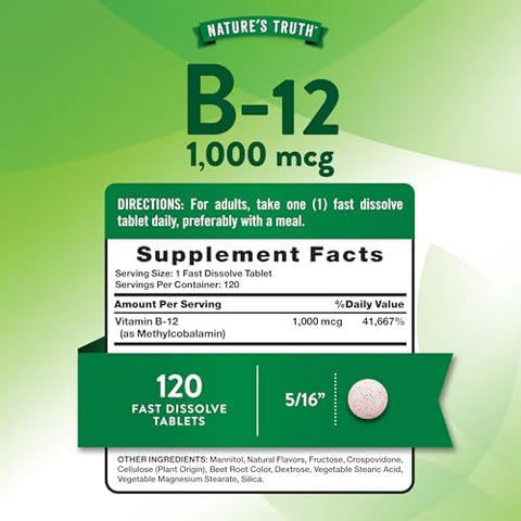 Nature's Truth B12 Vitamin Sublingual Tablets 1000 mcg 120 Count Vegan NonGMO and Gluten Free Vegan NonGMO and Gluten Free