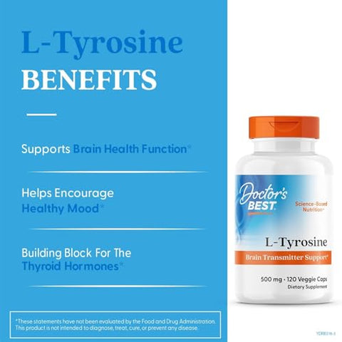 Doctor'S Best Doctors Best L Tyrosine Supplement For Men & Women - L-Tyrosine 500Mg Capsules Brain Support For Adults Amino Acid Support 500 Mg Precursor For Thyroxine Production By Thyroid 120 Veg Caps