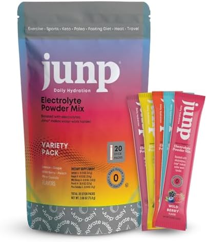 Junp Sugar Electrolytes Powder Packets For Water Instant Hydration Packets With Salt & Potassium Zero Calorie No Carbs No Sugar Electrolyte Drink Mix Sticks Keto Friendly Wild Berry 20 Pack