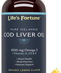 Life's Fortune Organic Cod Liver Oil Liquid Lemon Flavor Supplement - High Potency Fish Oil Omega 3 DHA & EPA, Vitamin A E & D3 - Immune Health Joints GMO Free 1000 mg (16 Oz)
