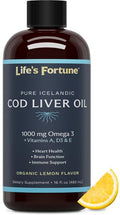 Life's Fortune Organic Cod Liver Oil Liquid Lemon Flavor Supplement - High Potency Fish Oil Omega 3 DHA & EPA, Vitamin A E & D3 - Immune Health Joints GMO Free 1000 mg (16 Oz)