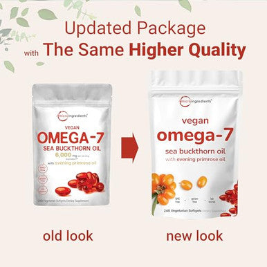 Micro Ingredients Vegan Omega-7 Sea Buckthorn Oil 240 Vegetarian Softgels 2-In-1 With Evening Primrose Oil Plant Based Botanical Oil Blend Non-Gmo Gluten & Carrageenan Free