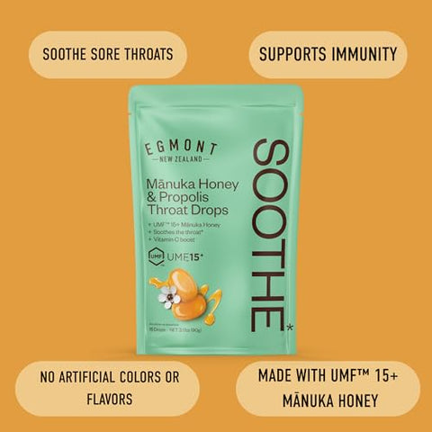 Egmont Honey Manuka Honey & Propolis Throat Drops 15 Count Umf 15+ Zealand Honey With Vitamin C Natural Soothing Relief Onthego