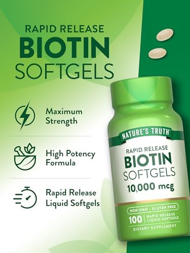 Nature's Truth Biotin 10000mcg Rapid Release Softgels 100 Count NonGMO and Gluten Free Supplement