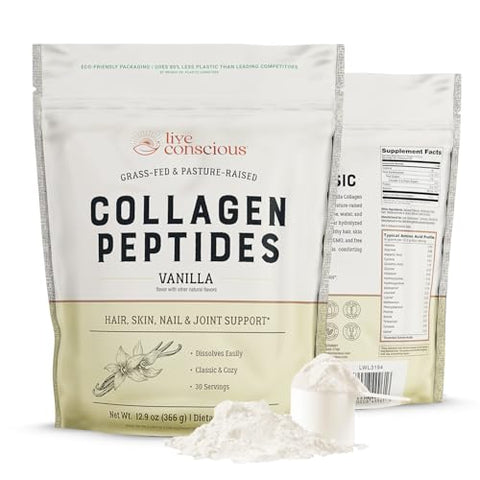 Live Conscious Collagen Peptides Powder - Vanilla Flavored Collagen Powder - Hair Skin Nail & Joint Support - Type I & Iii Grass-Fed Collagen Supplements For Women And Men - 30 Servings 13Oz
