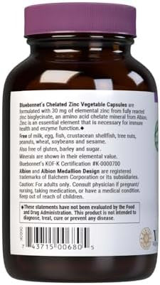 Bluebonnet Nutrition Albion Chelated Zinc, For Immune Health & Enzyme Function, Soy-Free, Gluten-Free, Non-Gmo, Kosher Certified, Dairy-Free, Vegan, 90 Vegetable Capsules, 90 Servings