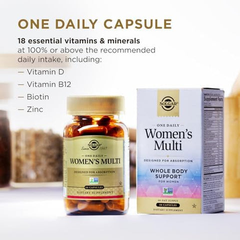 Solgar One Daily WomenS Multi Whole Body Support Highly Absorbable Delayed Release Vitamin For Women Supplement For Immune Heart Energy Stress Hair Skin Nails and Reproductive Health 60 Servings