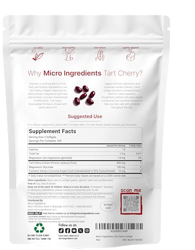 Micro Ingredients Tart Cherry With Magnesium Glycinate & 95 Turmeric Curcumin 300 Softgels Highly Bioavailable With Black Seed Oil Carrier Extra Strength Tart Cherry Extract Natural Herbal & Mineral Complex