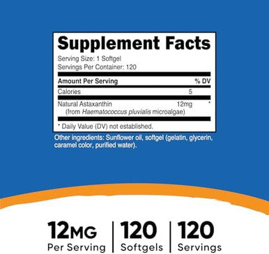 Nutricost Astaxanthin 12Mg Nongmo And Gluten 120 Softgels (4 Month Supply)