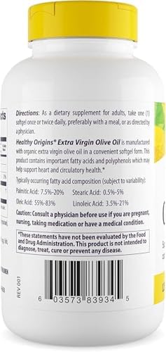 Healthy Origins Extra Virgin Olive Oil 1,250 mg (Made with Organic Extra Virgin Olive Oil, Non-GMO, Gluten Free, Cardiovascular Support), 120 Softgels