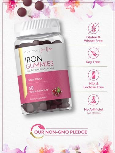 Carlyle Iron Gummies Plus B-Complex Vitamins 60 Vegan Gummies Grape Flavor Non-Gmo, Gluten Supplement