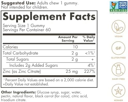 Solgar Zinc Gummies Adult Vitamin With 25Mg Ultra Potency Zinc Citrate For Immune Support Mixed Fruit Flavor Vegan Kosher and Gluten Gummy Supplements For Women and Men 2G Sugar 60 Servings