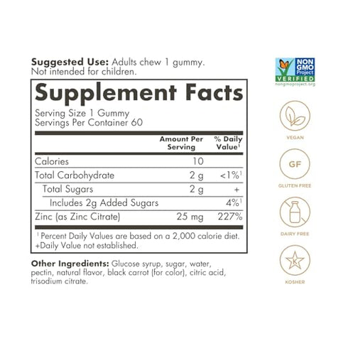 Solgar Zinc Gummies Adult Vitamin With 25Mg Ultra Potency Zinc Citrate For Immune Support - Mixed Fruit Flavor Vegan Kosher & Gluten Free Gummy Supplements For Women & Men 2G Sugar 60 Servings