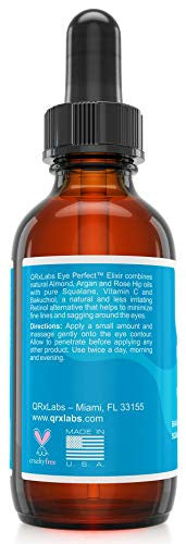 Qrxlabs Eye Perfect Elixir - With Bakuchiol (Retinol Alternative) Pure Argan And Rosehip Oils Squalane Vitamin C & E - Best Anti-Aging Treatment Serum For Bags Puffiness Wrinkles Crow Feet