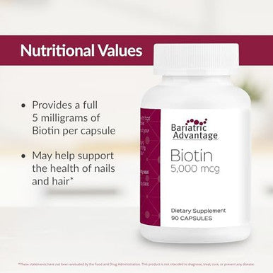 Bariatric Advantage Biotin 5000 Mcg For Bariatric Surgery Patients Easydigest Mini Capsules Biotin Supplement Hair Skin & Nails Support 90 Count