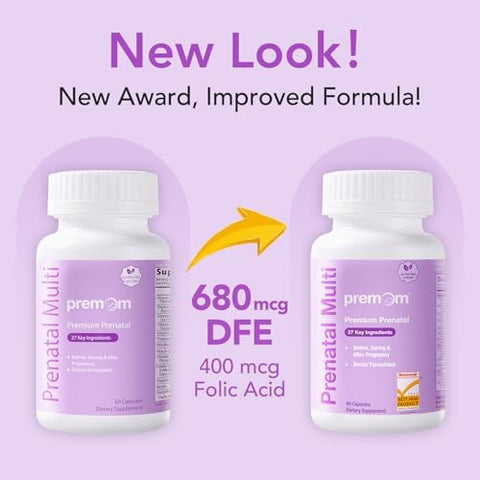 Premom Prenatal Vitamins For Women Conception For Her Multivitamin: 27 Nutrients Includes 680Mcg Methyl Folate + Choline + Iron Traceable Ingredient Fertility Supplements For Women 30 Day Supply