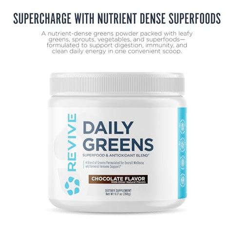 Revive Md Daily Greens Powder Chocolate Superfood & Antioxidant Blend For Energy Gut Health & Immunity Greens Supplement With Vitamins Minerals Digestive Enzymes & Probiotics (20 Servings)