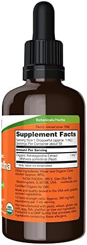Now Foods Supplements Ashwagandha Liquid Extract Organic Immune System Support 2 Fluid Ounces